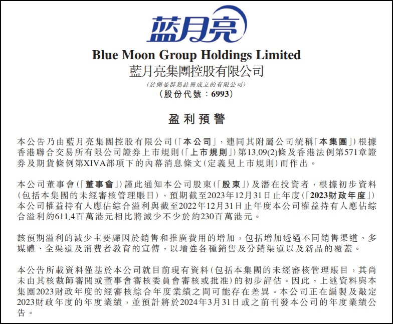 藍月亮集團溢利預降2.3億，歸于銷售和推廣費增加